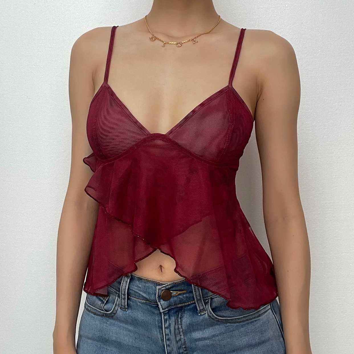 Şeffaf File Görünür V Yaka Fırfırlı Sırtı Açık Askılı Crop Top