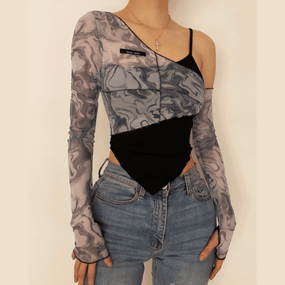 Uzun Kollu File Asimetrik Fırfırlı Crop Top