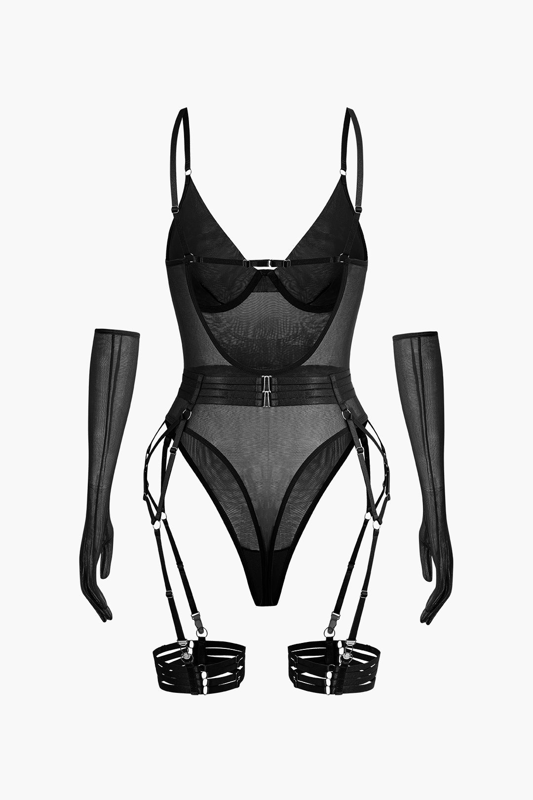 Şeffaf Mesh Kemerli Sırt Dekolteli Bodysuit Eldivenli