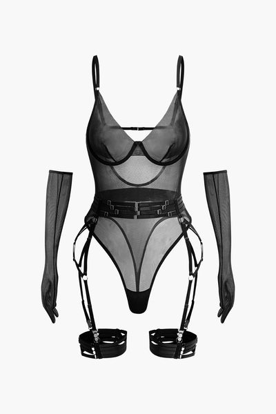 Şeffaf Mesh Kemerli Sırt Dekolteli Bodysuit Eldivenli